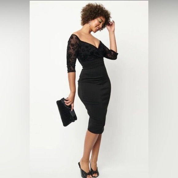 Unique Vintage Dresses & Skirts - NWT Unique Vintage Black Floral Burnout Pencil/ Wiggle Dress Sz M/6-8